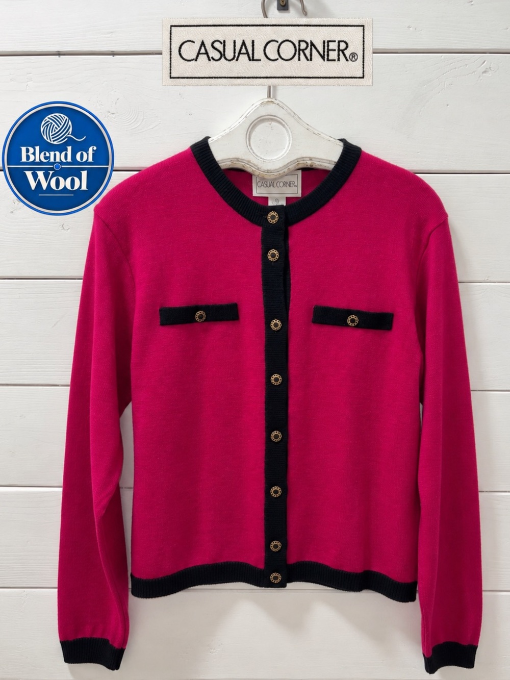 Casual Corner – Vintage Wool Blend Cardigan – Pink & Black – Size L